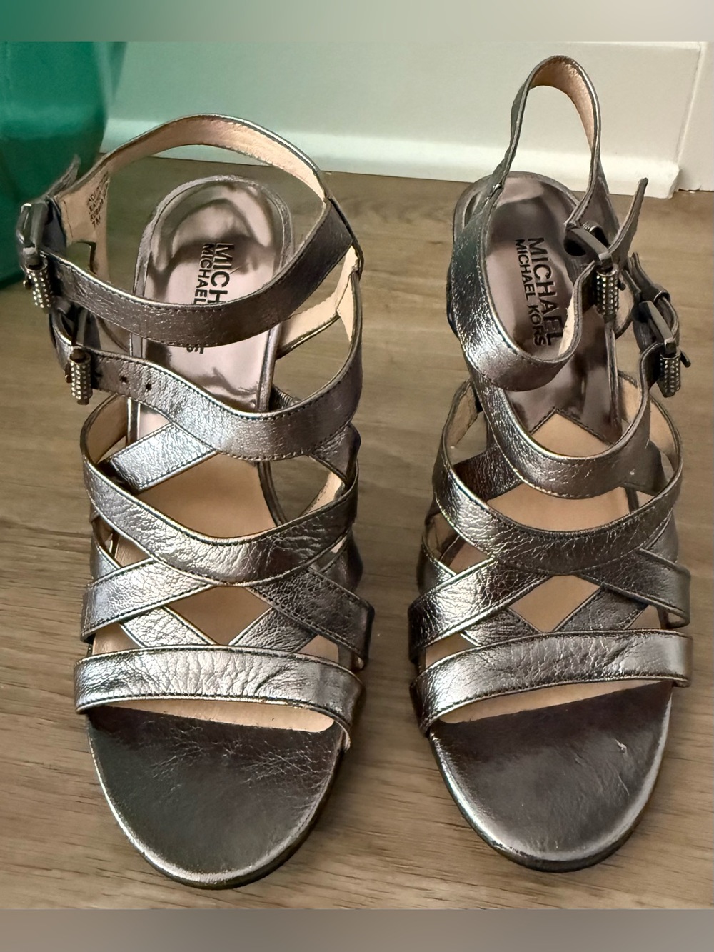 Michael Kors Women’s 7M Metallic Pewter Leather Strappy Stiletto Heels Sandals 7